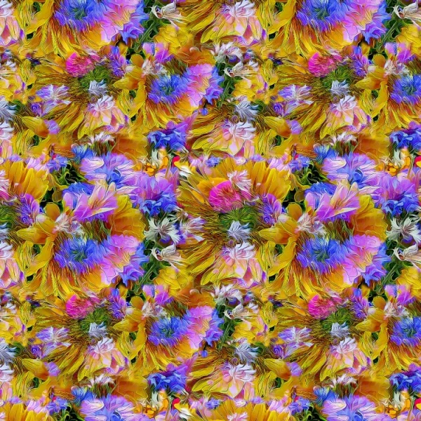 A vibrant image featuring an intricate pattern of colorful, abstract flowers. The design includes shades of pink, yellow, blue, and green, creating a kaleidoscopic effect with swirling textures and layered petals.