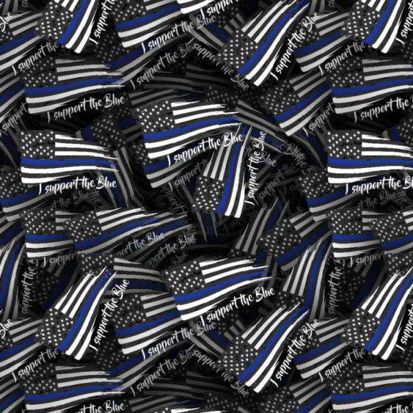 A pattern of American flags in black and white with a blue stripe. Text on the flags reads "I support the blue.