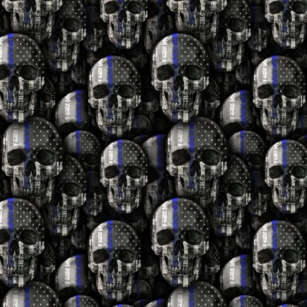 Blue and white skulls on a black background.