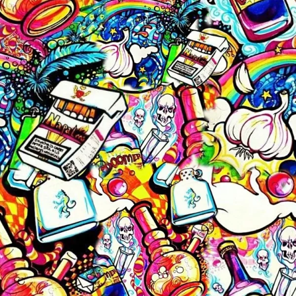 A vibrant, chaotic collage featuring cigarette packs, potion bottles, skulls, garlic, rainbows, and stars against a colorful background. Various elements are interwoven, creating a psychedelic and eclectic mix of objects and patterns.