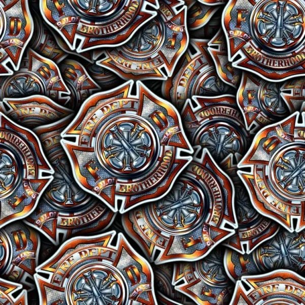 A repeating pattern of firefighter badges with the words "Fire Dept" and "Brotherhood," featuring a silver fire hydrant and crossed axes in the center, depicted in red, orange, and metallic tones.