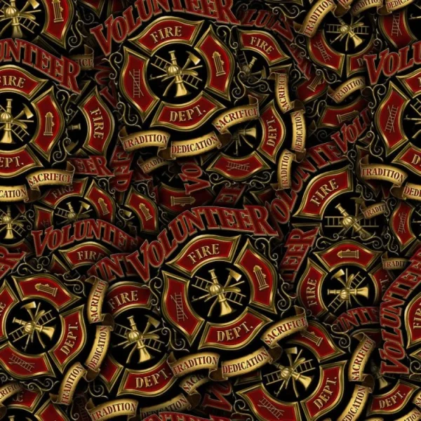 A seamless pattern featuring red and gold firefighter badges with the words "VOLUNTEER," "FIRE DEPT.," "TRADITION," "DEDICATION," and "SACRIFICE" along with an image of a fireman’s cross and firefighting tools.