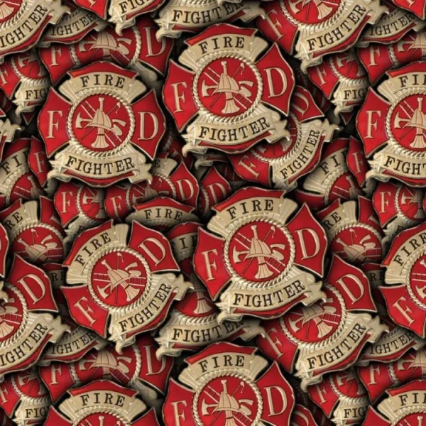 A pile of overlapping firefighter badges with red backgrounds and gold trim, featuring a fire helmet, ladder, and axes, along with the words "FIRE FIGHTER" and the initials "F D.