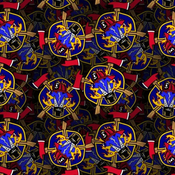A seamless pattern featuring firefighter insignias with flames, axes, helmets, and ladders in bold red, yellow, blue, and black colors, repeated closely together.