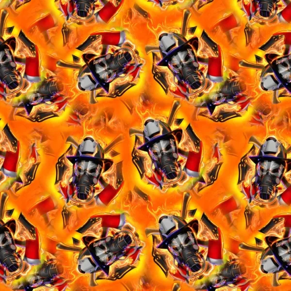 Repeating pattern of a firefighter helmet with a face mask, surrounded by flames and firefighting equipment, on a bright orange background. The design is vibrant and energetic, creating a bold visual effect.