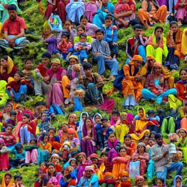 A group of people wearing colorful clothing are seated on a grassy hillside. The crowd includes men, women, and children, all facing forward in multiple rows. The vibrant colors of the garments stand out against the green background.