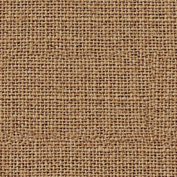 Close-up of a burlap fabric texture showing its coarse, woven pattern. The material appears rough and natural, with a light brown color typical of burlap. The image highlights the individual fibers and intersections.