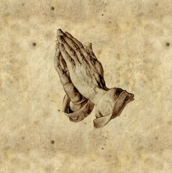 A sepia-toned image of two hands pressed together in a prayer gesture against an aged, textured background. The hands are detailed and have rolled-up sleeves visible at the wrists.