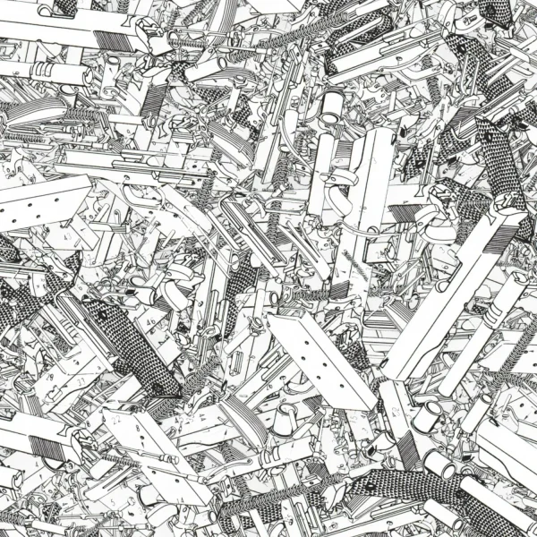 An intricate black and white abstract illustration featuring a dense assembly of mechanical parts and geometric shapes, creating a complex, layered pattern.