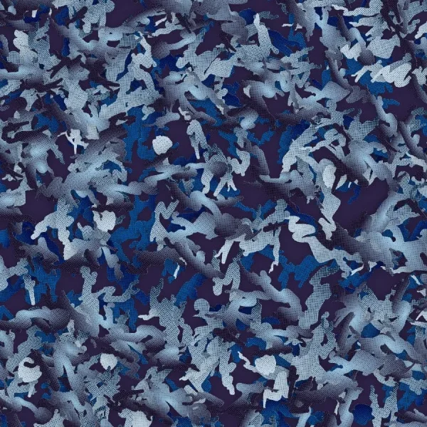 A digital artwork featuring an abstract pattern of blue and gray camouflage with scattered human silhouettes, overlapping and blending into the background. The composition creates a dynamic and layered appearance.