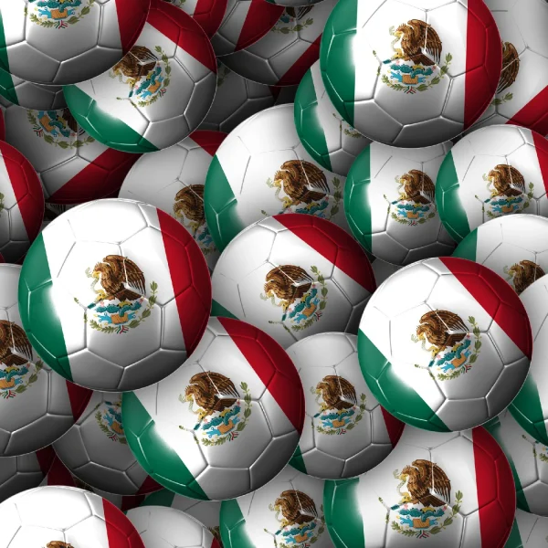 A dense arrangement of soccer balls, each displaying the Mexican flag on their surfaces. The flag features vertical stripes of green, white, and red, with an emblem of an eagle on a cactus in the center.
