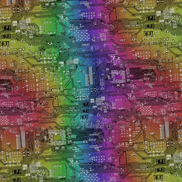 A colorful circuit board pattern featuring a rainbow gradient. The intricate design includes various electronic components and pathways, blending hues of green, blue, purple, red, and yellow.