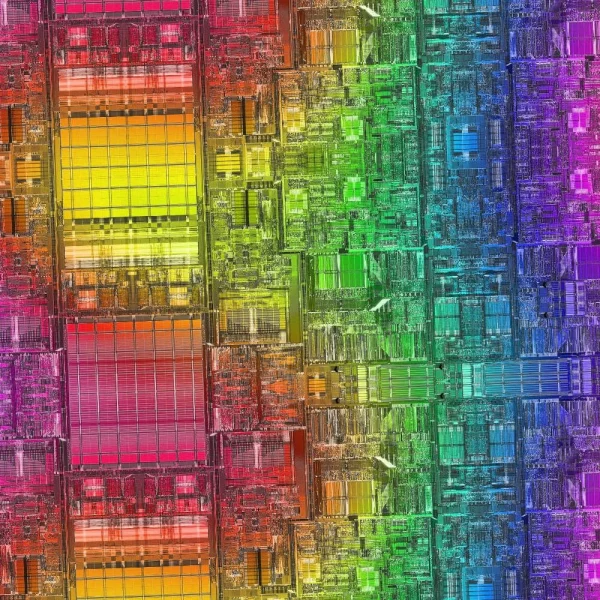 Colorful close-up of a computer microchip with a rainbow gradient overlay. The chip is intricately detailed, displaying a complex pattern of circuits and components in shades of red, orange, yellow, green, blue, and purple.