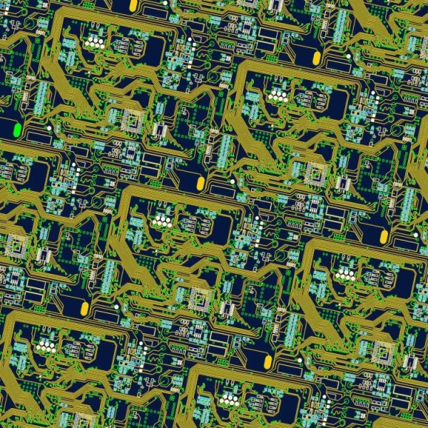 A close-up image of a complex circuit board pattern featuring intricate green and yellow pathways and components on a dark background. The design forms a repetitive, maze-like structure across the entire image.