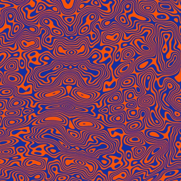 Abstract image with swirling patterns in shades of blue and orange. The design features irregular, organic shapes and lines that create a sense of movement and depth throughout the image.