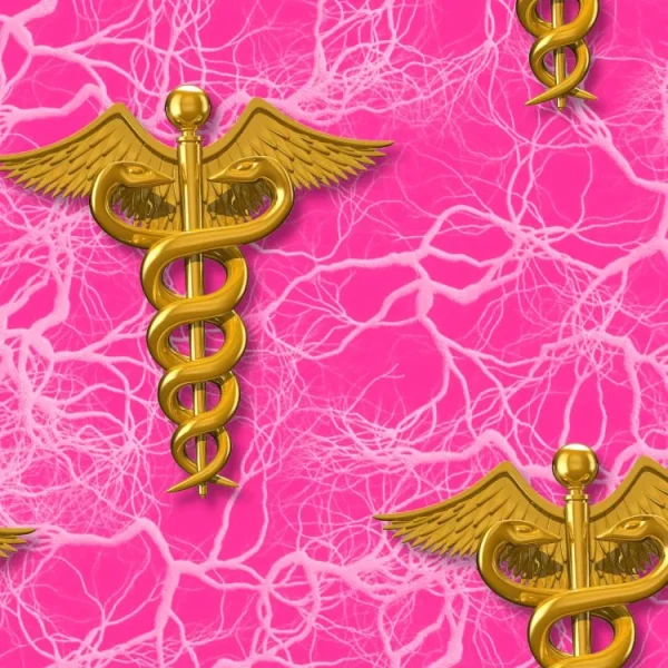 A pattern of golden caduceus symbols on a vibrant pink background with white, branch-like designs. The caduceus is composed of two snakes wrapped around a winged staff.