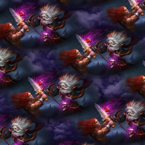 A digital artwork featuring two combatants wielding glowing swords amidst a dark, swirling background. One has red hair and a muscular build, while the other has long white hair and a menacing expression, creating a dramatic and intense scene.