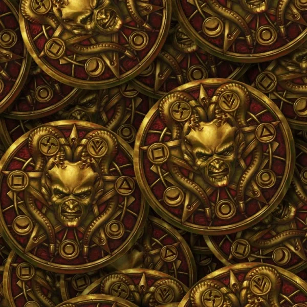 A collection of ornate gold medallions with sculpted demon faces in the center, surrounded by intricate symbols and designs. The background is a deep red, enhancing the detail and color contrast of the medallions.