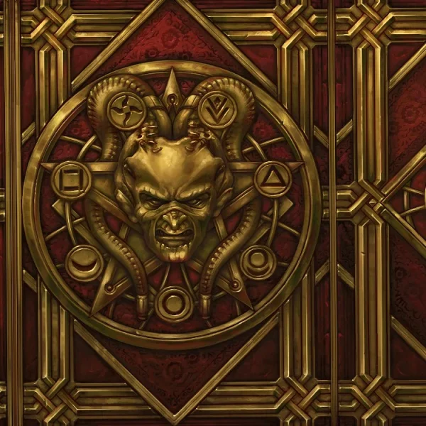 A detailed, ornate design featuring a golden, demonic face at the center surrounded by various symbols and geometric shapes. The background features a pattern of red and gold lines in a symmetrical arrangement.