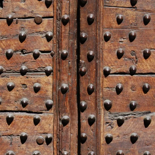Close-up of an old wooden door with vertical planks. The surface is weathered and features rows of large, round metal studs. The central seam shows a subtle gap between two panels. The texture of the wood is rough and rustic.