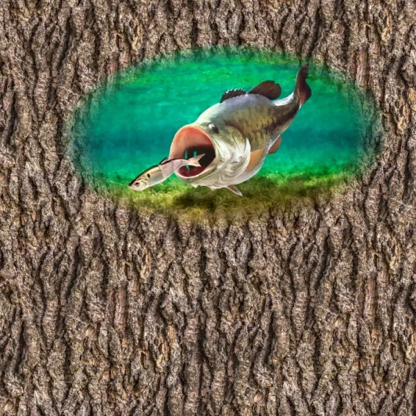 A fish emerges from a portal-like opening on a tree bark background, appearing to jump out of water. The fish has a smaller fish in its mouth, set against a blue-green aquatic environment.