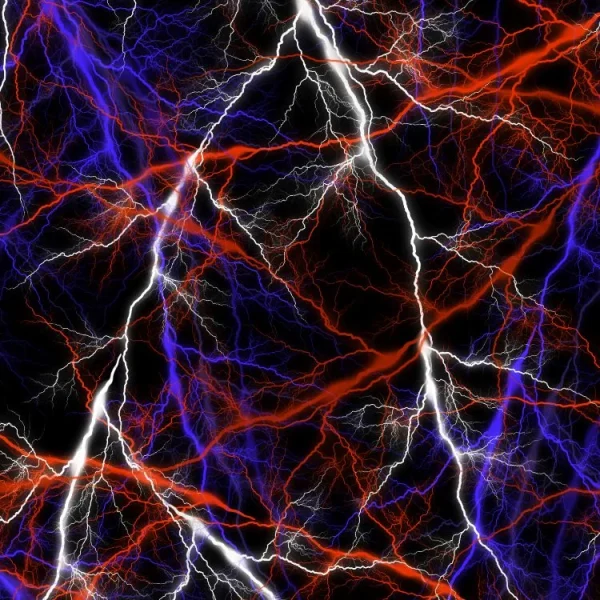 A dynamic pattern of interwoven blue, red, and white lightning bolts against a black background. The jagged lines create a vibrant and energetic appearance, resembling an electric storm.