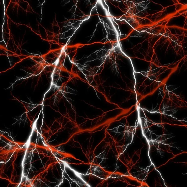 Abstract image featuring red and white electrical lightning-like patterns against a black background. The lines are jagged and interconnected, creating a dynamic and energetic visual effect.