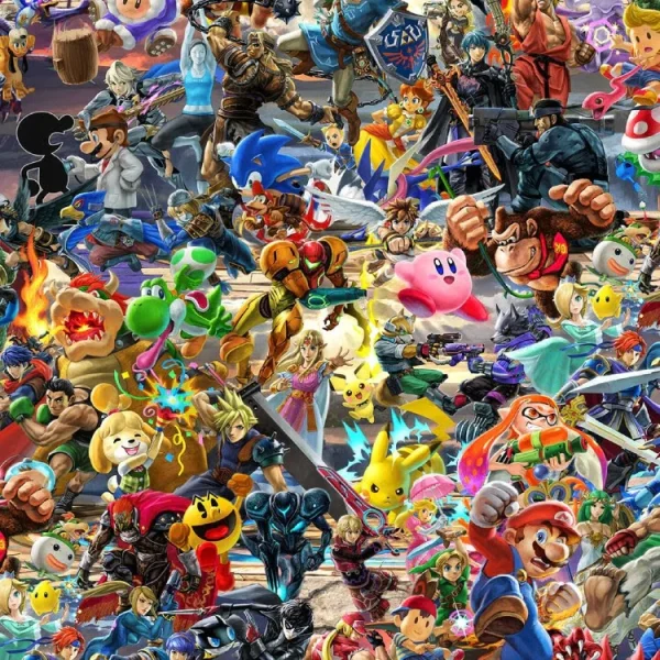 A vibrant collage of various video game characters, including figures from Nintendo and other franchises. The characters are shown in dynamic poses, overlapping each other, with bright colors and a detailed background.