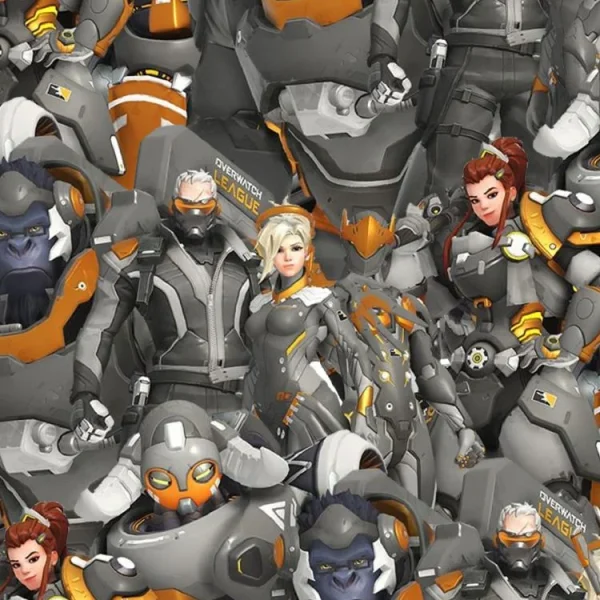 A collage of animated characters wearing gray, orange, and white futuristic armor. They appear to be from a video game, showcasing a variety of designs, including a gorilla in armor and other armored figures with high-tech gear.