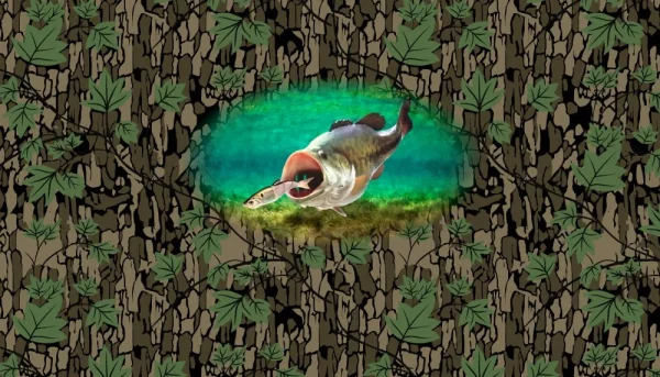 A fish lunges upward toward the water's surface against a camouflage pattern background with leaves and branches. The fish appears in a circular opening, contrasting with the intricate leafy design surrounding it.