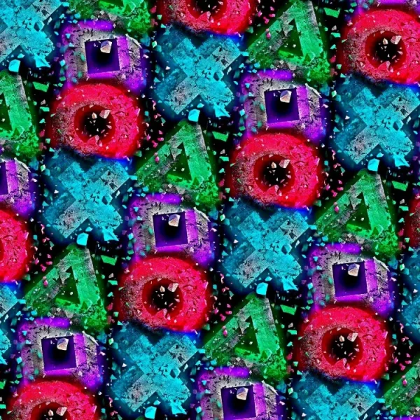 Abstract digital artwork with a pattern of colorful geometric shapes. Red circular forms alternate with blue, green, and purple angular shapes. Small, scattered white and pink speckles add texture, creating a vivid, kaleidoscopic effect.
