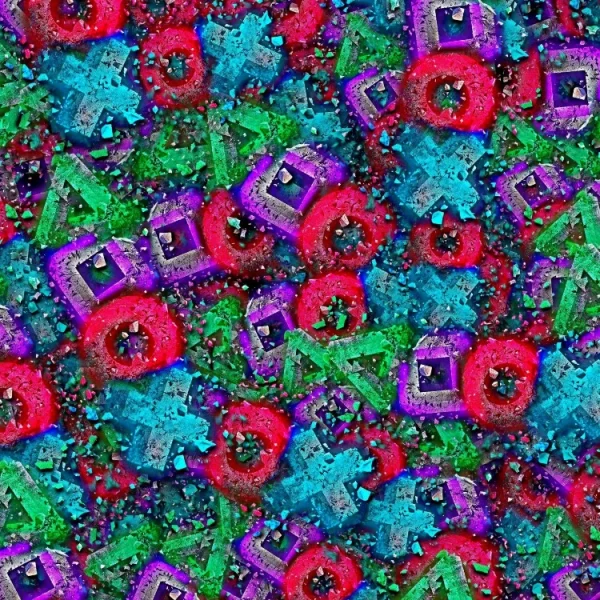 A colorful, abstract pattern featuring red circles, green triangles, and blue squares, all densely packed and overlapping. The shapes vary in size and are set against a vibrant background with a textured appearance.