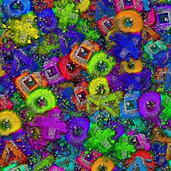 A vibrant abstract art piece featuring a chaotic mix of multicolored geometric shapes, including squares, circles, and triangles. The design is filled with bright neon colors like pink, green, orange, and blue, creating a dynamic and energetic pattern.