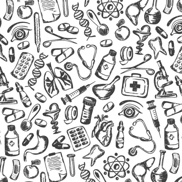 A black and white pattern with hand-drawn medical icons, including stethoscopes, pills, hearts, DNA strands, microscopes, syringes, first aid kits, and atom symbols, scattered randomly on a white background.