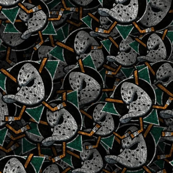 A textured pattern featuring stylized hockey masks with geometric shapes in dark and light grey, green, and orange tones, overlapping in a repeated design.