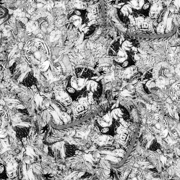Intricate black and white illustration featuring tigers, wolves, and other animals intertwined with foliage. The scene is densely packed with detailed patterns, creating a complex and dynamic composition.