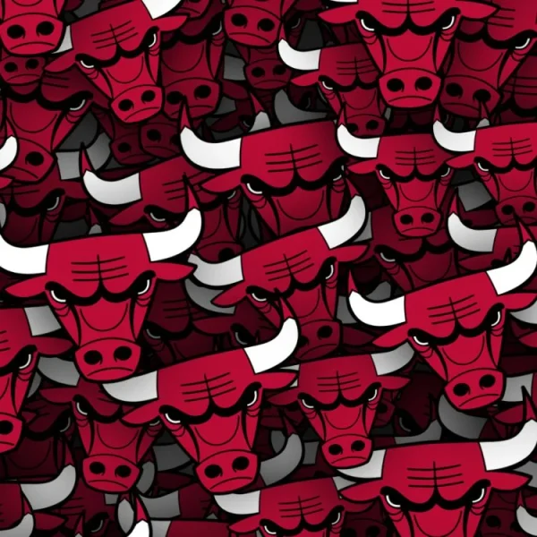 An overlapping pattern of stylized red bull heads with prominent horns and determined expressions. The design is bold, featuring a consistent color palette of red, black, and white across the repeating motif.