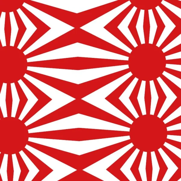 A bold red and white geometric pattern featuring circular shapes with radiating lines and intersecting chevron-like designs, creating a repetitive and symmetrical motif.