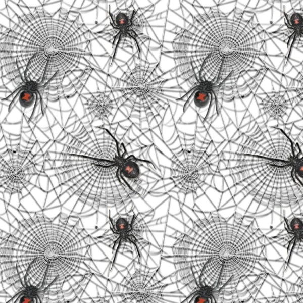 A pattern featuring black widow spiders with red markings sitting on intricate webs. The background consists of a repetitive design of webs. The spiders are placed symmetrically across the image.