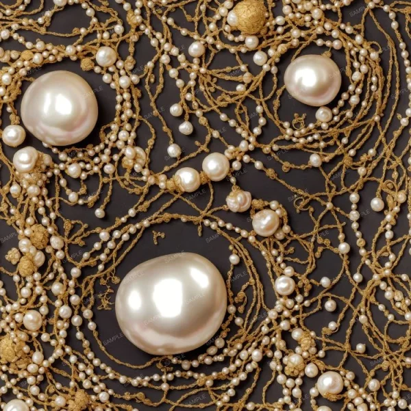 Pearls and Gold Chains on a black background.