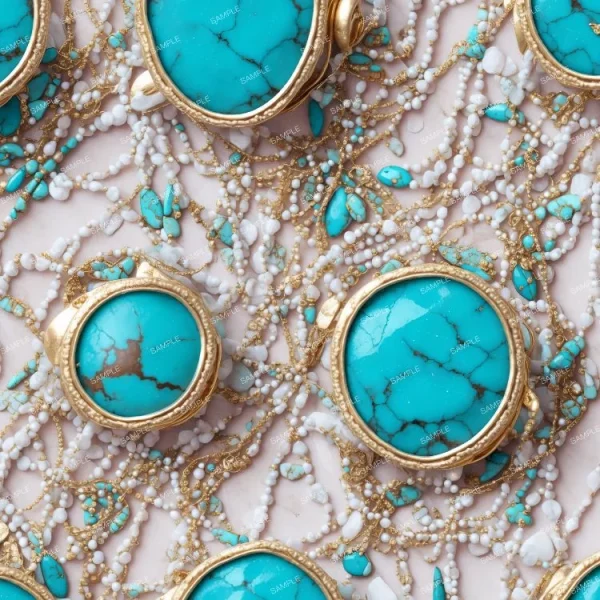 A group of Shabby Chic Turquoise and Gold Chains 42 stones and pearls on a white background.