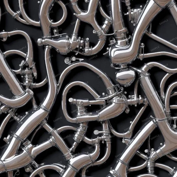 A group of Chrome Motorcycle Pipes and Connectors on a black background.