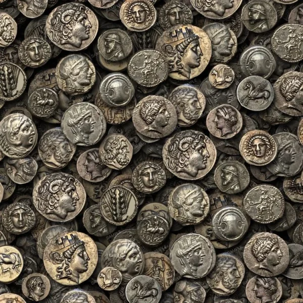 A large pile of Roman Coins 23 in a pile.