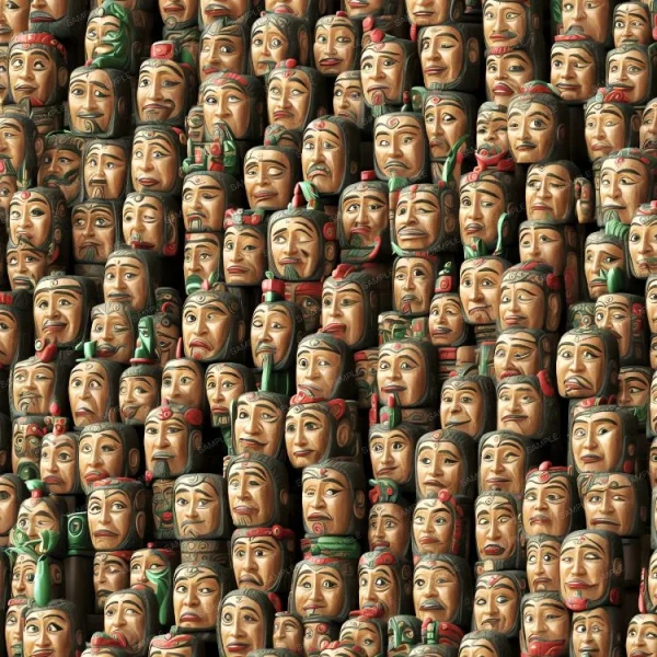 A large group of Whimsical Polynesian Tiki Totem Heads stacked on top of each other.