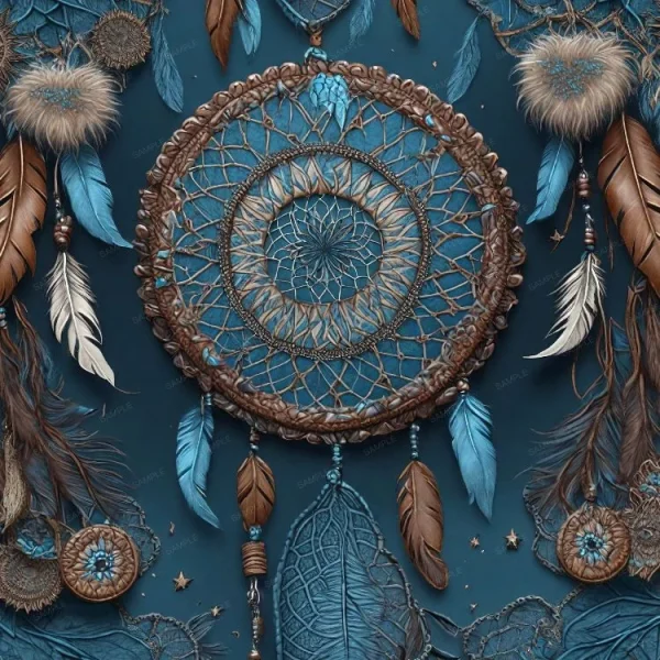 A Dreamcatcher 33 with feathers and feathers on a blue background.