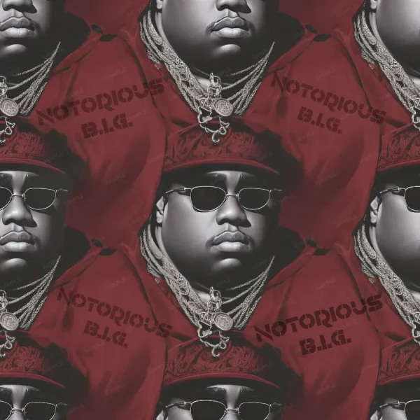 A seamless pattern of A pattern of a man wearing the Notorious BIG 22 hat and sunglasses.