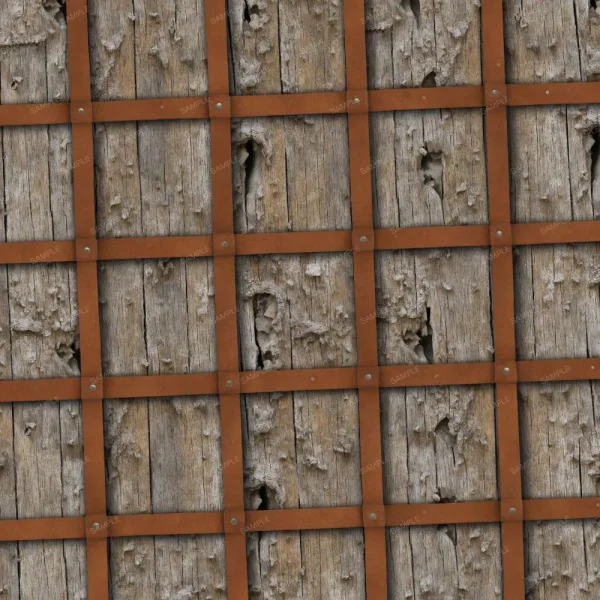 A seamless pattern of A close up of Carved Wooden Whorls with metal bars.