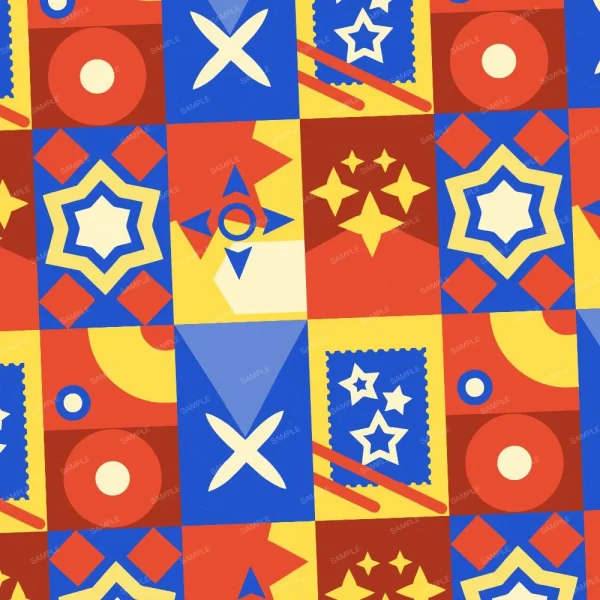 A seamless pattern of A colorful pattern with stars and squares can be found on the Geometric Cards 22.