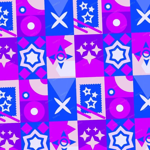 A seamless pattern of A purple and blue pattern with stars and squares, Geometric Cards 22 (Copy).