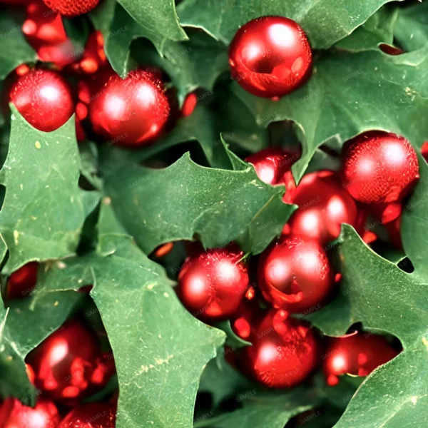 A seamless pattern of Christmas Tree 44 (Copy) leaves with red baubles on them.